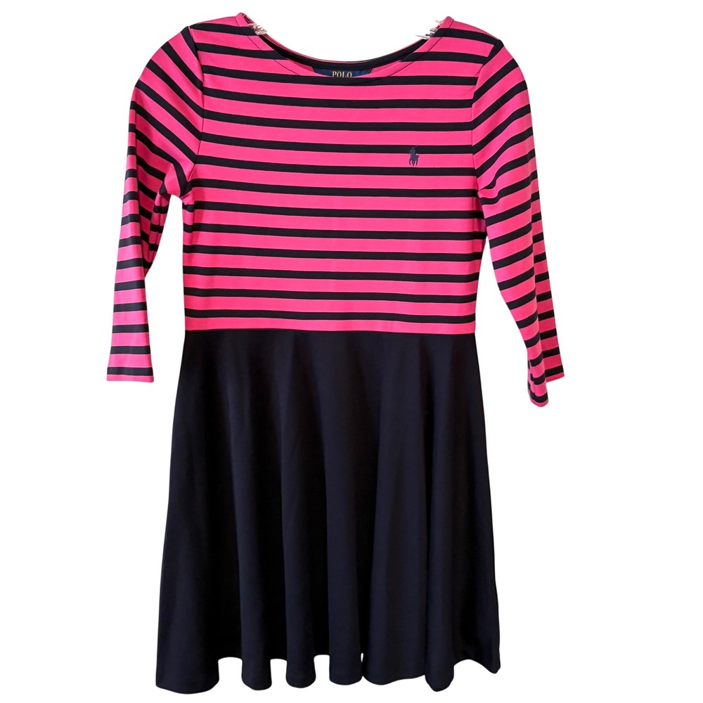 Polo Ralph Lauren Girl's Hot Pink and Navy Stretch Long Sleeve Dress in Size L